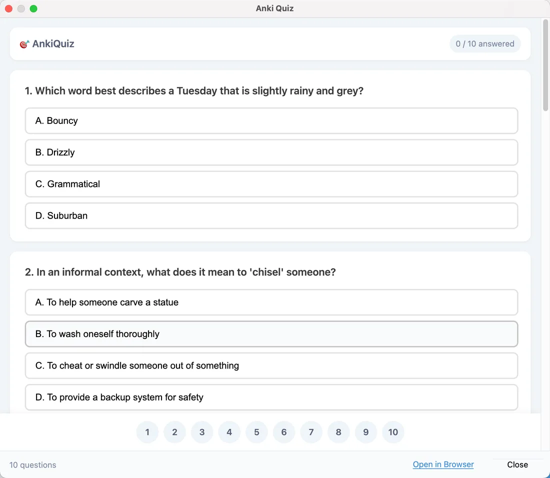 AnkiQuiz quiz interface showing multiple-choice questions generated from an Anki deck